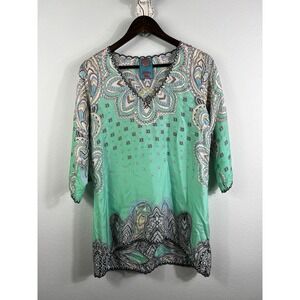 JOHNNY WAS 100% Silk Blouse V-Neck Mint‎ Green Multicolor Embroidered XS